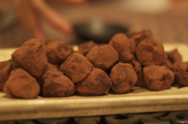 4. Chocolate Truffles:  cream cheese + chocolate. Whip the cream cheese, melt the chocolate. Form them together in a ball, let those freeze, then cover with more melted chocolate.